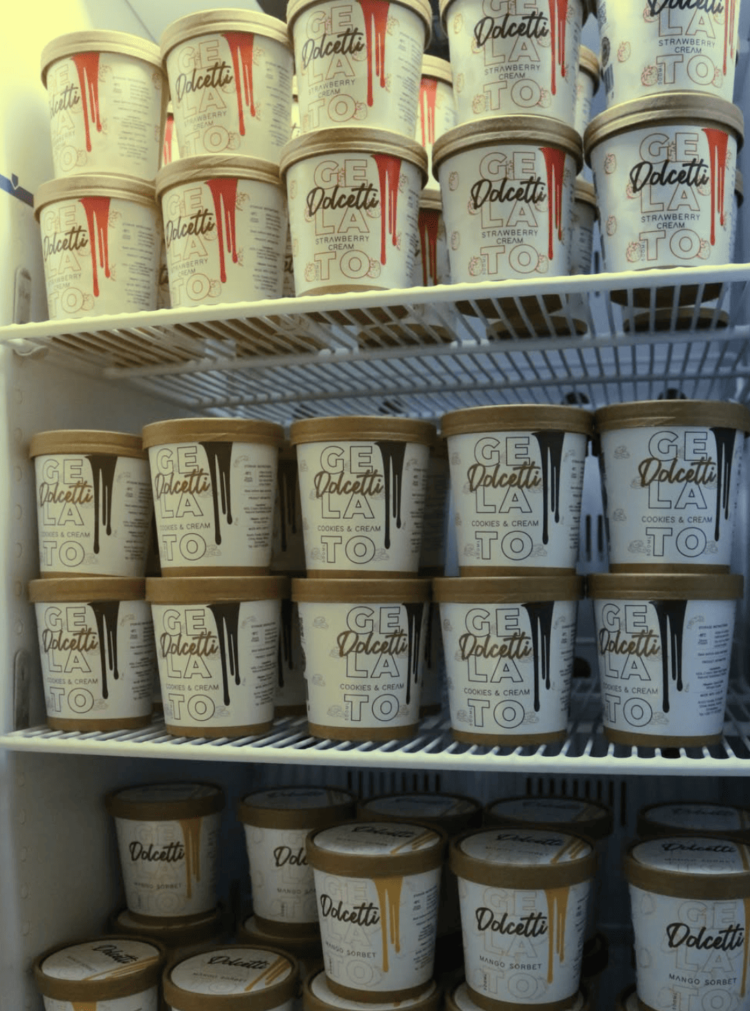 Dolcetti gelato tubs in freezer